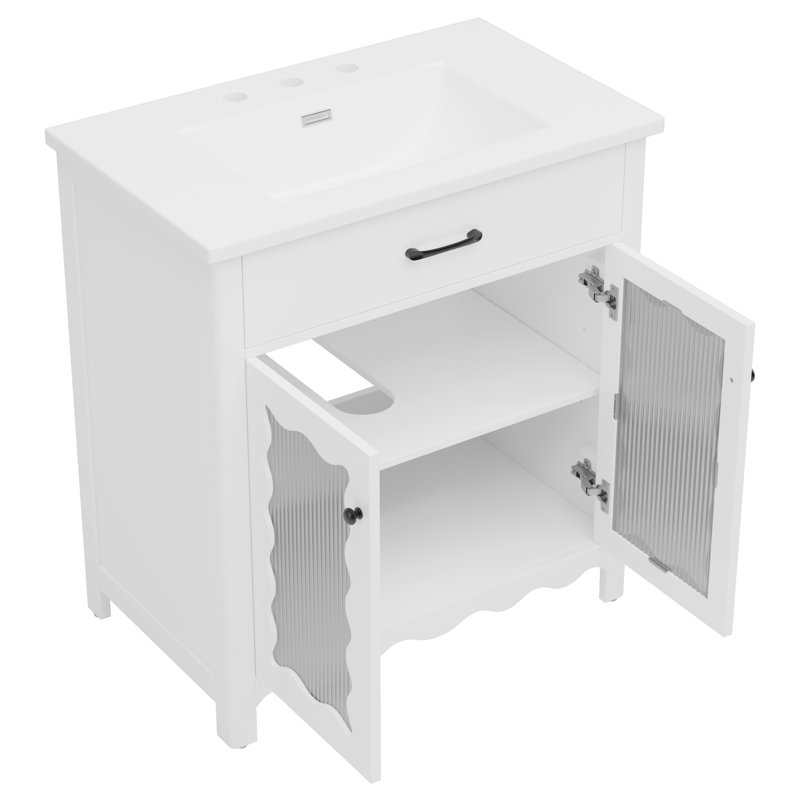 31" Bathroom Vanity With Tempered Glass, White, White