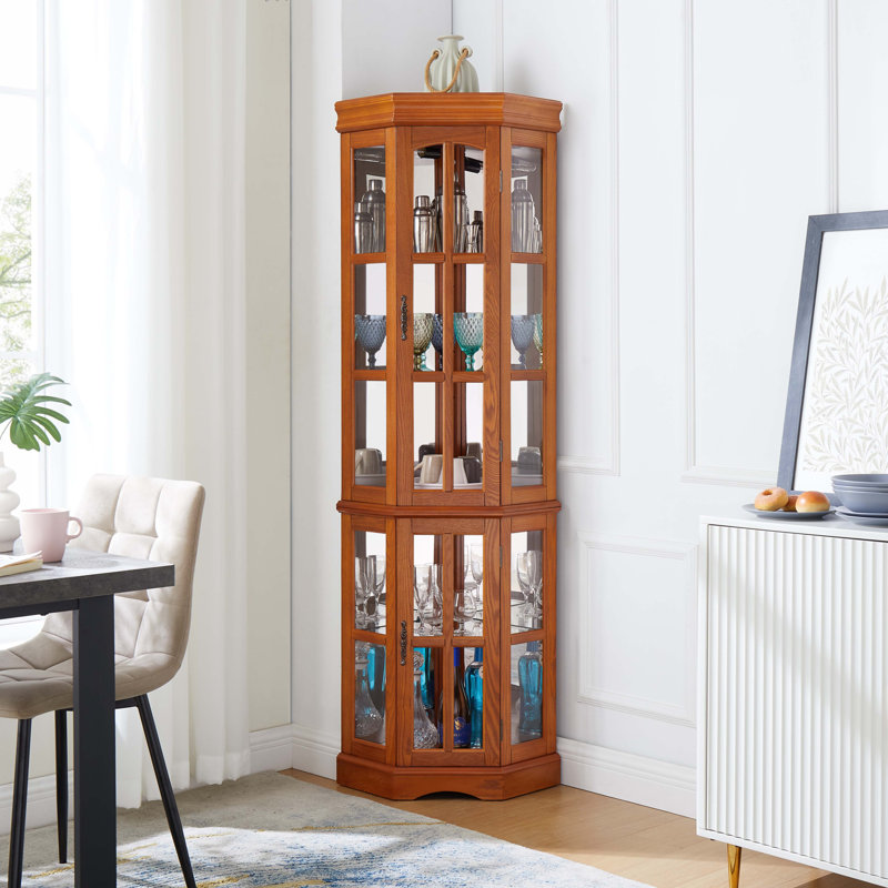 Vitrine d'angle avec 5 tablettes et système d'éclairage, chêne (ampoule E26 non incluse)