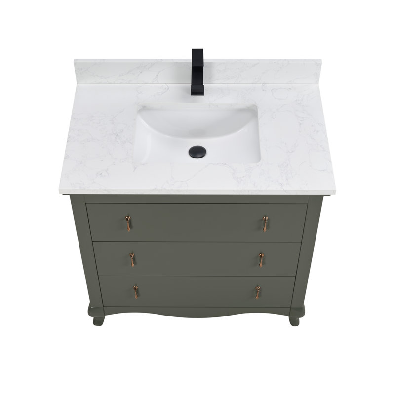 36" Cadet Finish Solid Wood Sink Vanity  With 1' Artificial Stone Top, Pewter Green