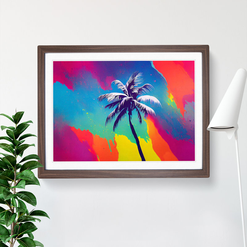 Colourful Palm Tree - Single Picture Frame Painting, Walnut Framed, 34cm H x 46cm W x 2cm D
