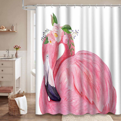 Watercolor Flamingo Exotic Flowers Bird Party Summer Shower Curtain with 12 Hooks