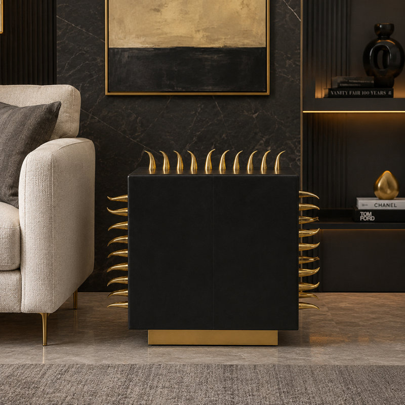 Clover Rhapsody Leather End Table, Golden Accents, 18x18x18, Black