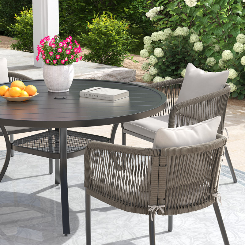 Chaises de salle à manger d'extérieur en PE avec coussins 2 pièces, Coussin beige / accoudoir gris