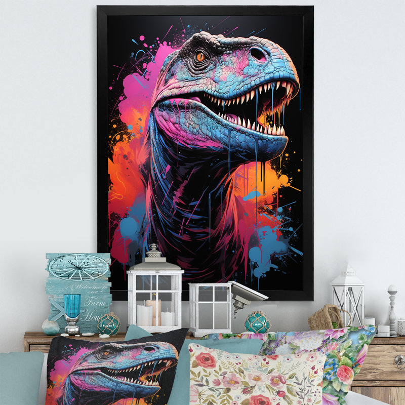 Portrait de dinosaure bleu et mauve préhistorique - dinosaure, art mural, Cadre simple noir, H 32 po x l 24 po x P 1 po