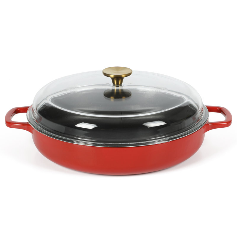 Red 3.75 Quart Enameled Cast Iron Braiser with Glass Lid