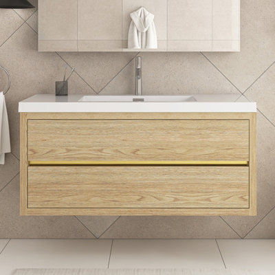 Meuble-lavabo mural simple 48 po en bois de chêne naturel avec comptoir en résine de pierre et tiroirs à fermeture en douceur