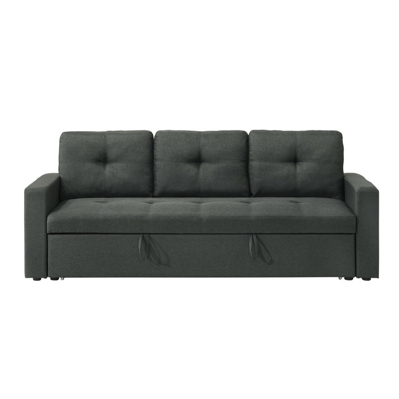 Canapé-lit trois places en tissu gris foncé avec coussins, 212 cm de largeur, 74 cm de profondeur, 86 cm de hauteur, 62 kg, lit gigogne 179 cm de largeur x 114 cm de profondeur, 39 cm x 185 cm de largeur, dossier 52 cm x 44 cm, 57 cm de hauteur, pied en plastique noir, rembourrage en mousse