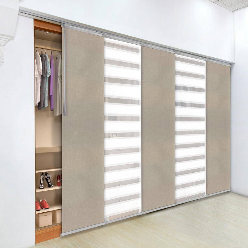 Semi-Sheer Macadamia, Cornsilk Single Rail Extendable Panel Track 94"H, Panel width 23.5", 110"W x 94"L
