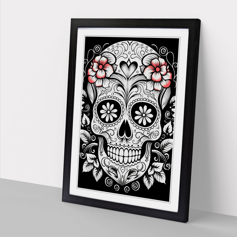 Sugar Skull Line No.2 - Single Picture Frame Print on Wood, 34cm H x 25cm W x 2cm D, Black