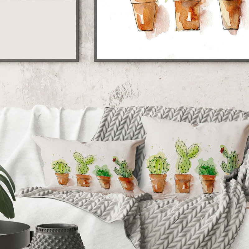 Rectangle, cactus dans des pots en céramique aux tons doux I - Coussin décoratif à imprimé traditionnel