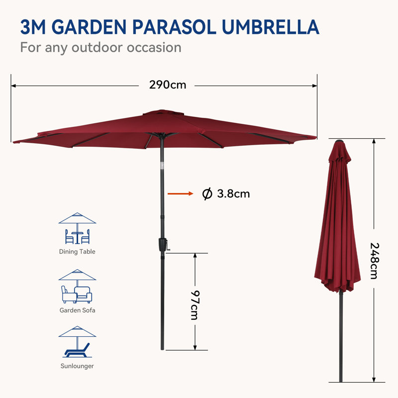 3m Large Paraso With UV, Garden Sun Shade Canopy Patio With Crank Tilt, Outdoor Umbrella  , Red