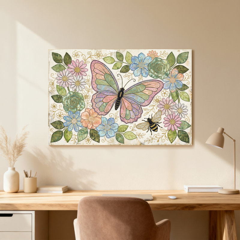 Animaux, papillon, fleurs, feuilles, abeille, impression, H 20 po x l 30 po, Toile tendue, Ne s’applique pas