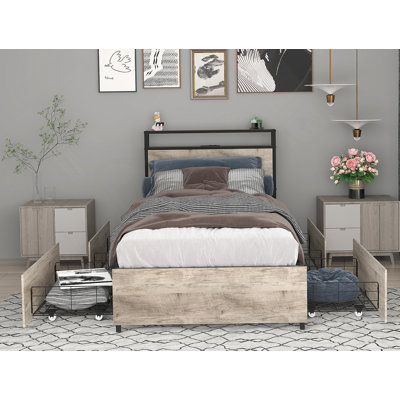 Twin Bed Frame, Storage Headboard, Charging, Solid, Stable, Noise - Free