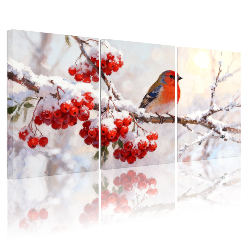 Birds Winter Bird sur une branche enneigée avec des baies rouges, ensemble de 3 impressions sur toile, H 30 po x l 60 po