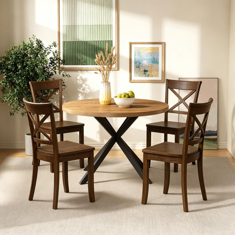 Round Table Metal Legs Dining Table Set With 4 Dining Chairs