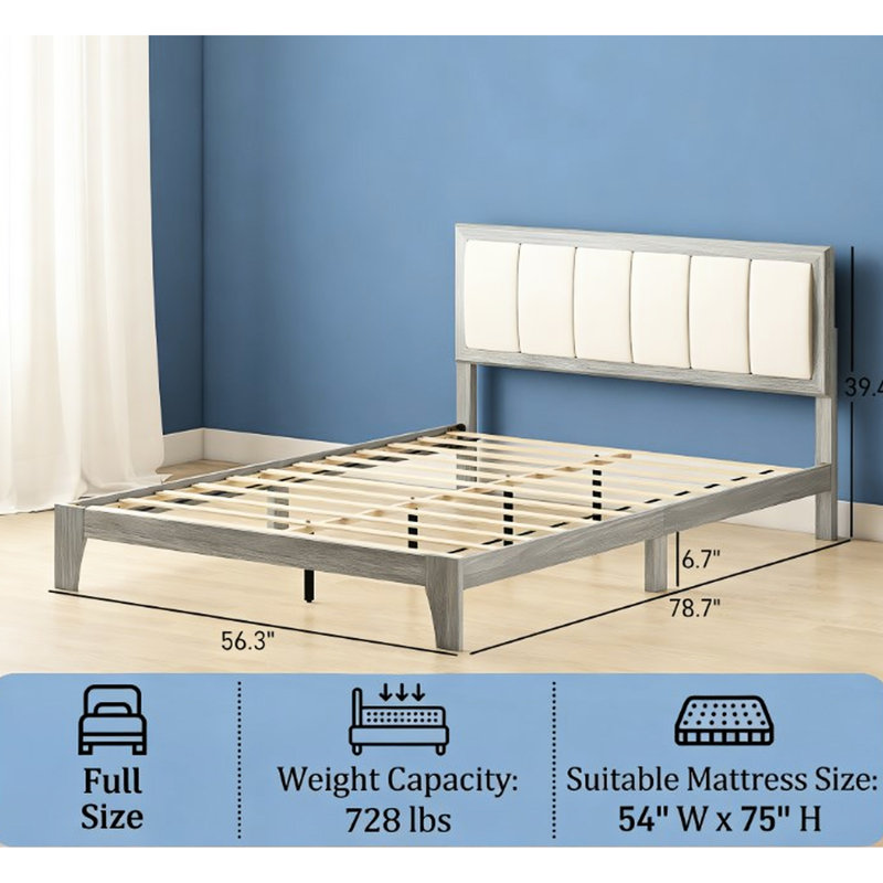 Structure de grand lit avec grain de bois élégant et tête de lit confortable et relaxante, 10 pieds, sans sommier, assemblage simple, 6,7 pouces sous le lit, support beige facile