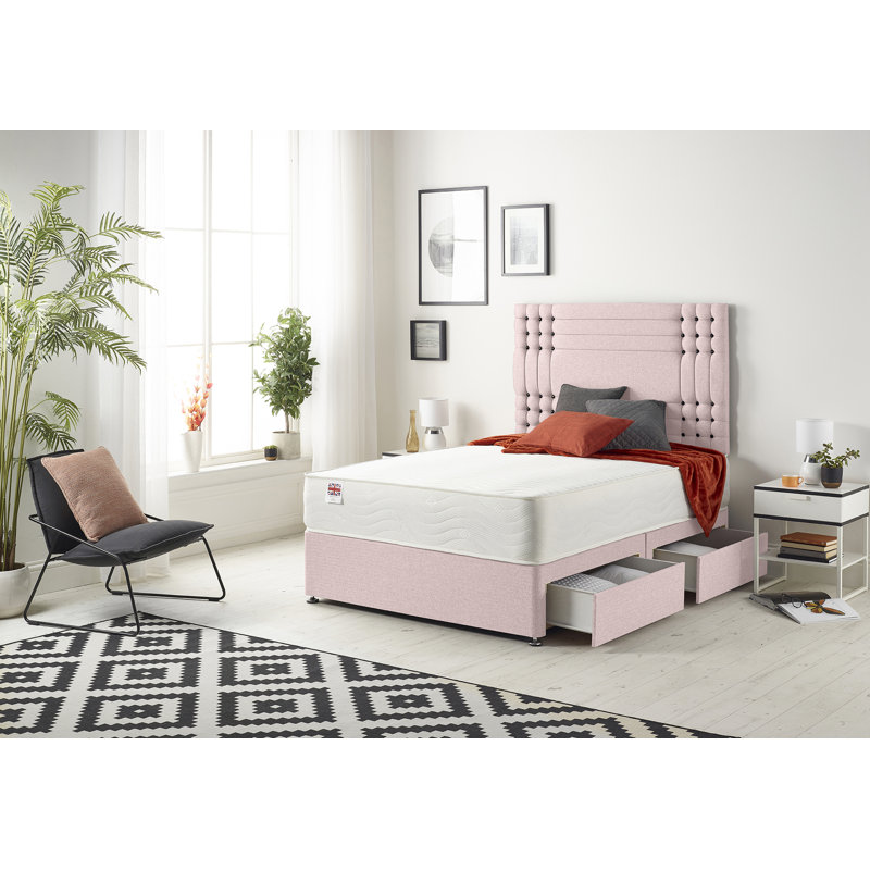 Dennishia Sprung Memory Foam Divan Bed Set with Headboard, Pink, 4 Drawers, Kingsize (5')