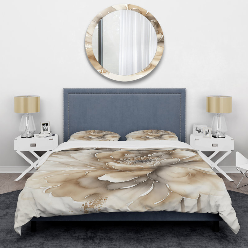Ensemble d'édredon floral 4 pièces - fleur beige simple avec taies décoratives et coussins décoratifs
