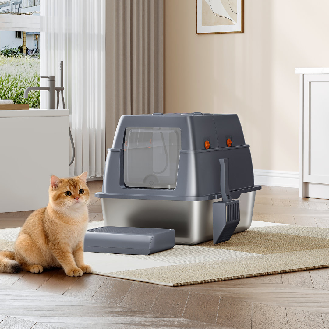Stainless Steel Cat Litter Tray with Lid, Enclosed Cat Litter Box, 180° Hinged Lid, Includes Pedal and Scoop, Easy to Clean, Modular Design, 61 L x 41