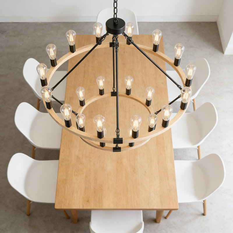 Luminaire de style campagnard en forme de roue de style wagon en bois rustique à 2 niveaux et en métal noir, capacité de 24 lumières pour un salon à haut plafond, une salle à manger, un vestibule et une maison de campagne