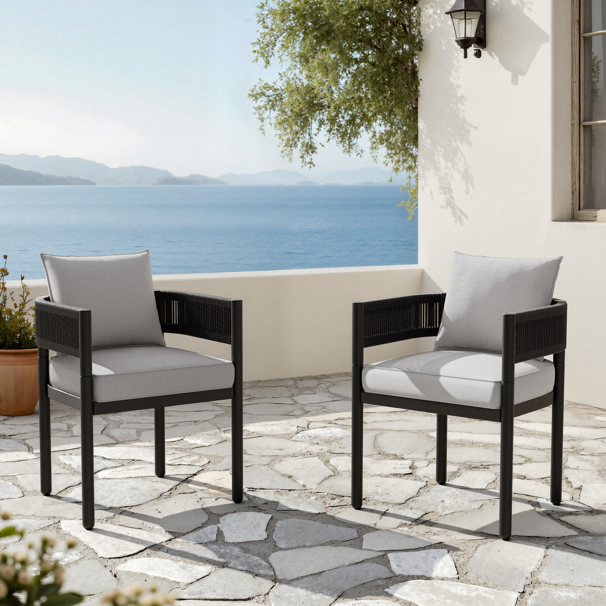Outdoor Dining Chair With Cushions Set Of 2, Beige/Black