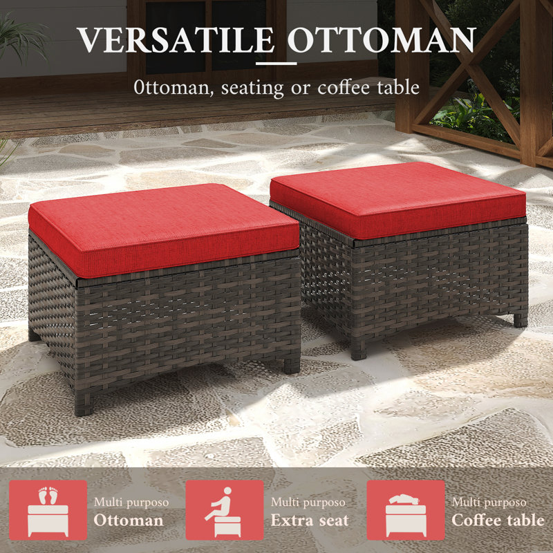 Ensemble de 2 repose-pieds d'extérieur en rotin tissé à la main avec coussins élastiques - Multifonctionnel pour la terrasse, le jardin et la cour