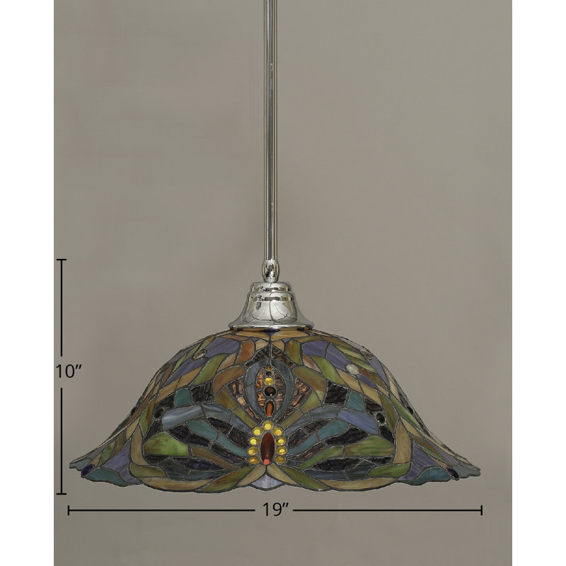 Stem Hung Pendant With Glass, Chrome, 18", Kaleidoscope Tiffany Glass