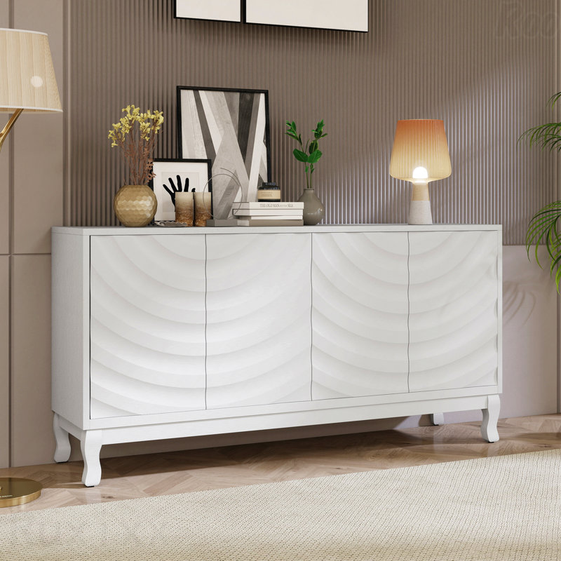 Élégant buffet à 4 portes - Portes à motif ondulé, conception à rainures arquées, tablettes réglables, pour bureau et vestibule