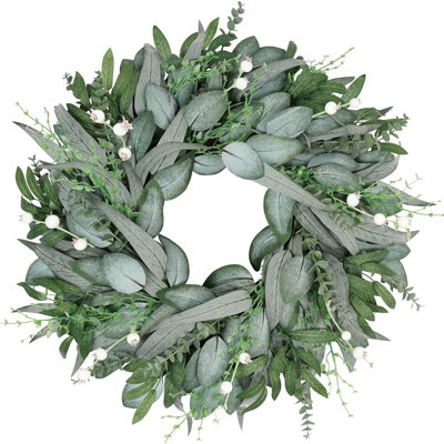 Couronne d'été en eucalyptus artificiel pour porte d'entrée - Buis, feuilles d'olivier et décorations d'extérieur de baies
