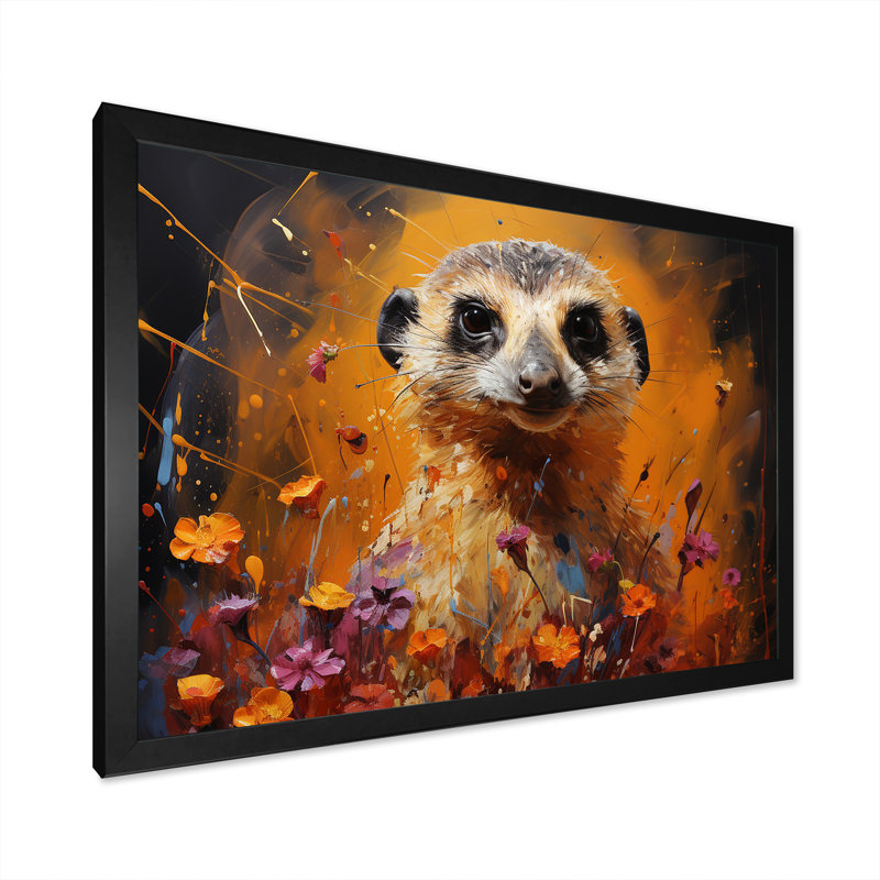 Suricate brun, prairie florale II - art mural Meercat, Cadre d'angle fermé noir, H 30 po x l 40 po x P 1,5 po