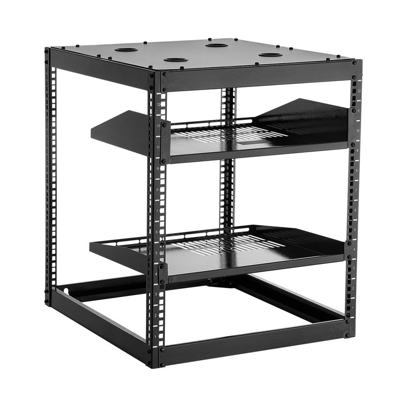 Support réseau 12U à cadre ouvert, profondeur de 23 po, 4 poteaux robustes, tablettes ventilées, quincaillerie de fixation, utilisateur, pour équipement de réseau de bureau