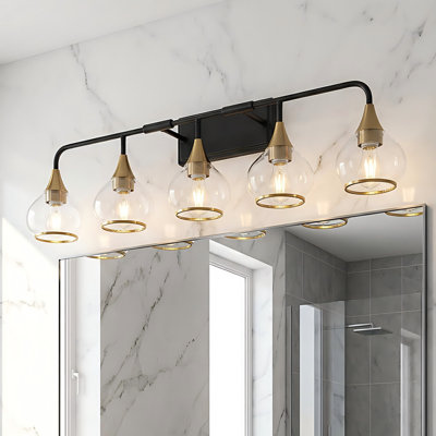 5 Light Bathroom Vanity Light Wall Mounted Above Mirror with Clear Glass Globe Shades Modern Metal Fixture