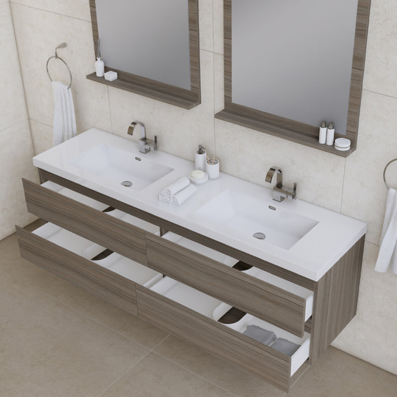 Arjina 72 " W Wall Mounted 2 Double Vanity Bathroom Vanity With Solid Surface Top, Gray