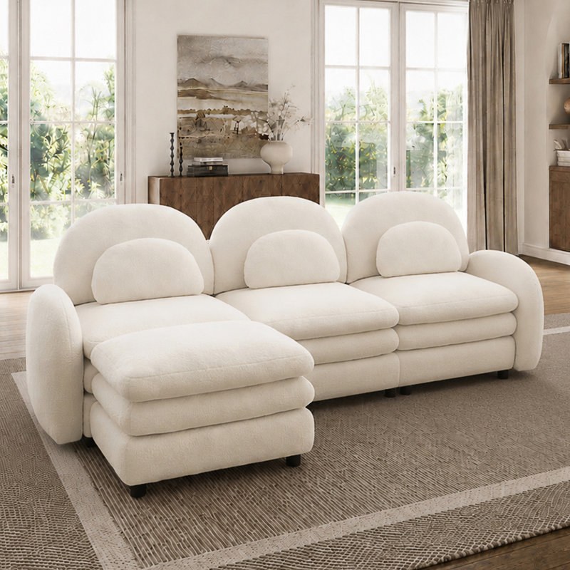 Canapé modulaire courbé 3 places avec repose-pieds et coussins double couche, 35.4" H x 98.2" W x 55.5" D, Beige