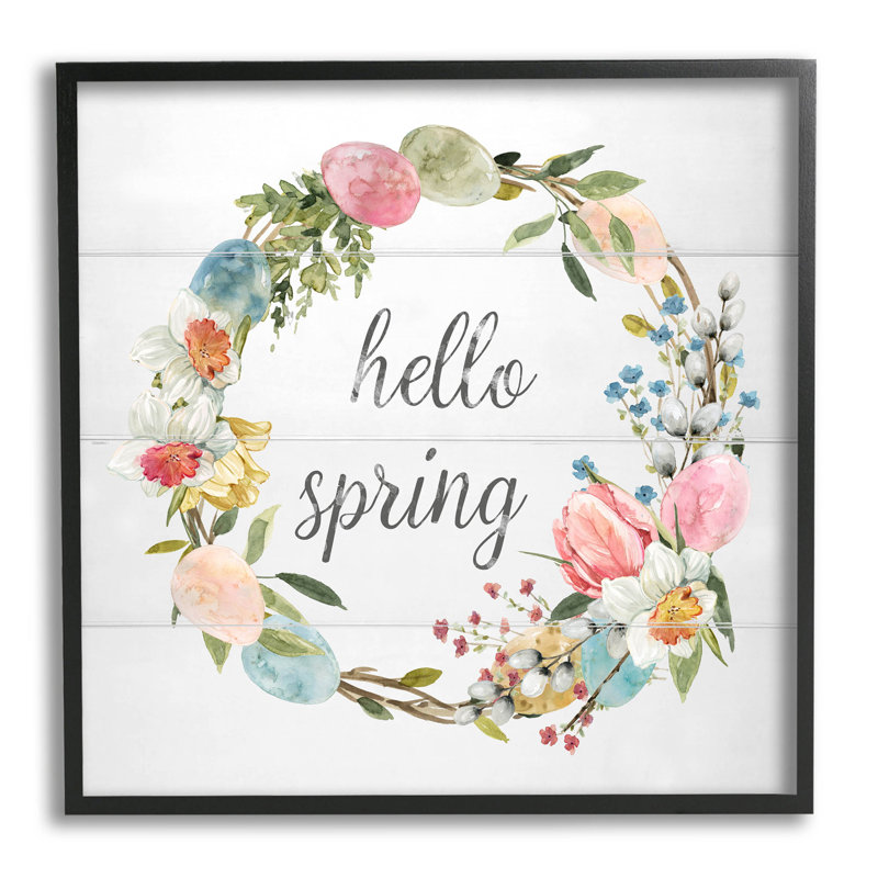 «Hello Spring Floral Egg Wreath», estampe numérique par Livi Finn, Giclée encadrée noir minuit, H 12 po x l 12 po x P 1,5 po