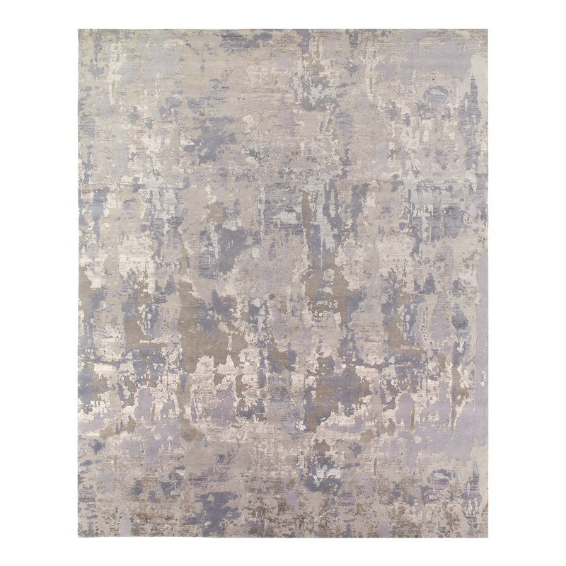 Tapis gris / argent noué à la main de conception unique 12 pi x 15 pi