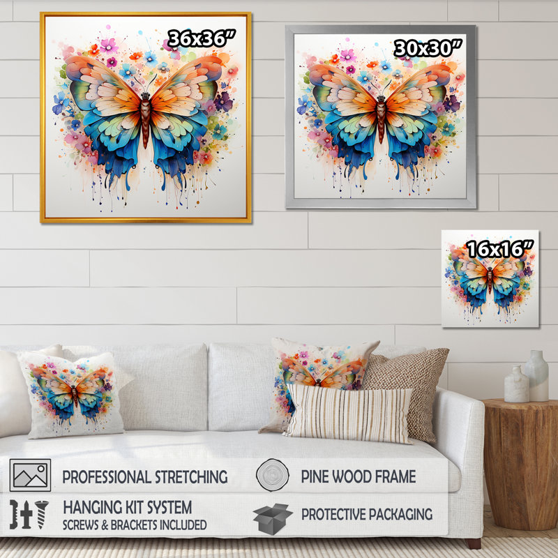 Papillon coloré II - impression d'art sur toile papillon, H 16 po x l 16 po x P 1 po, Cadre flottant blanc