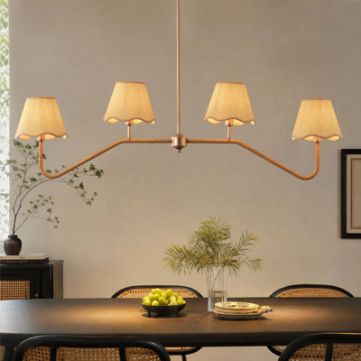 4-Light Gold Linear Chandelier with Rattan Woven Shades