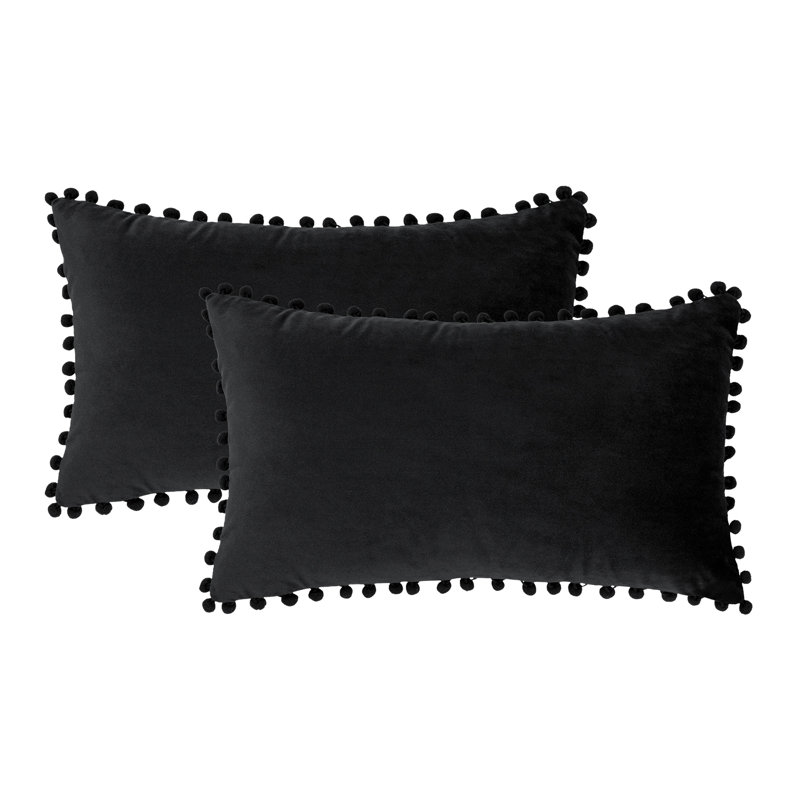 Coussin Silky Velvet Series Pom-poms, Noir, Housse de coussin et insert, Rectangle H 12 po x l 20 po