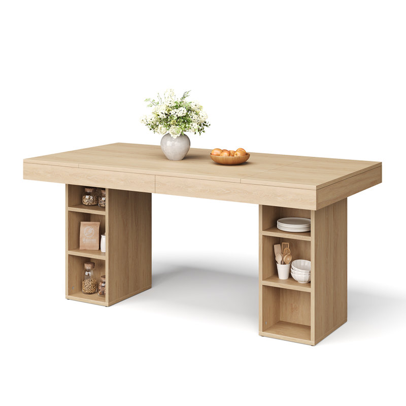 63"/71" Rectangular Dining Table with Storage, Large Wooden Kitchen Table for 6, Oak, 29.7"H  x 62.9" L x 27.5" W