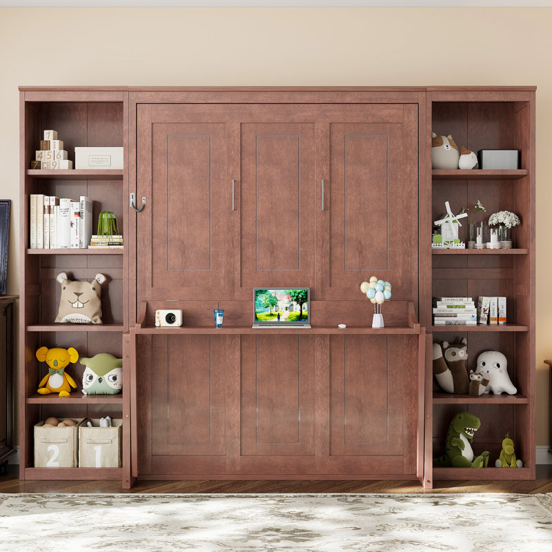 Grand lit escamotable avec bureau et bibliothèque, lit mural brun foncé peu encombrant pour les petites pièces, Grand lit