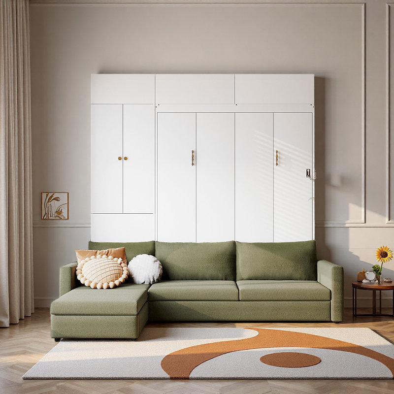 Grand lit escamotable mural avec canapé et tablettes, Vert