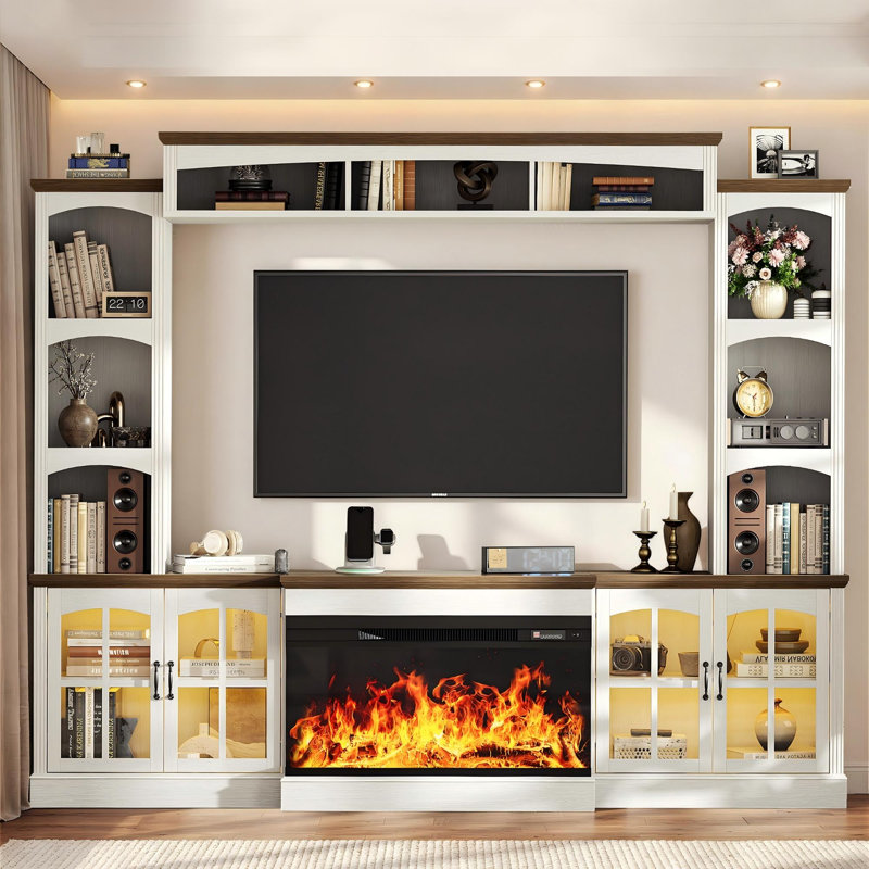 98" TV Stand with Electric Fireplace and Glass Cabinet, Adjustable Shelves & Cable Holes,  Farmhouse Wall Unit Entertainment Center With 3-Sided Electric Fireplace TV Stand For Tvs Up To 75", White