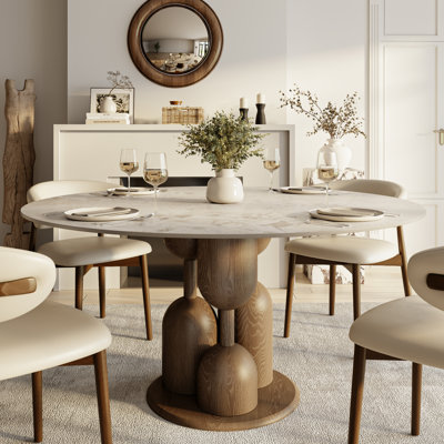 Amberly Luxury Modern Round Sintered Stone Dining Table Solid Wood Pedestal Kitchen Table For 4/6/8, One-step Installation
