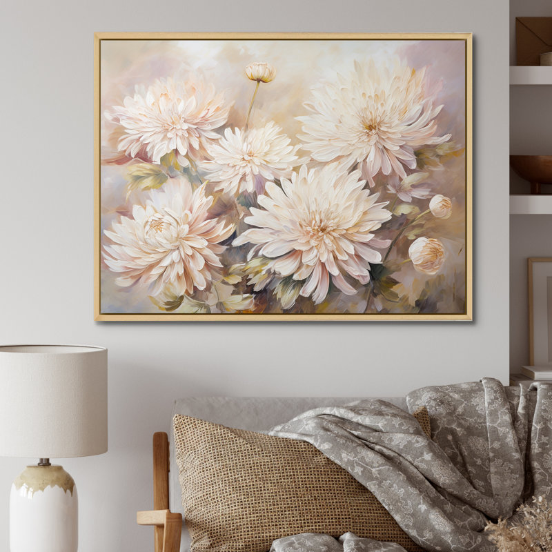 Fleur de chrysanthème beige - imprimé, H 12 po x l 20 po x P 1 po, Cadre naturel flottant