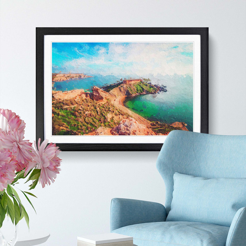 Sea View from Malta - Picture Frame Painting Print, Black Framed, 48cm H x 65cm W x 2cm D