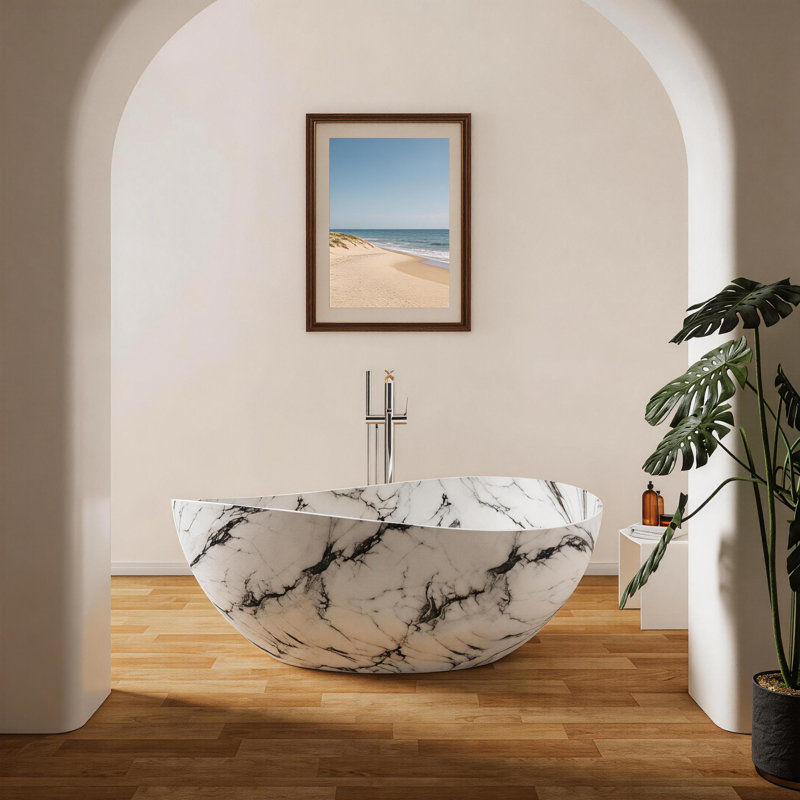 63" Oval Freestanding Solid Surface Bathtub with Luxury Marble Veining Finish, Ergonomic Deep Soaking Tub TL1030-63WT