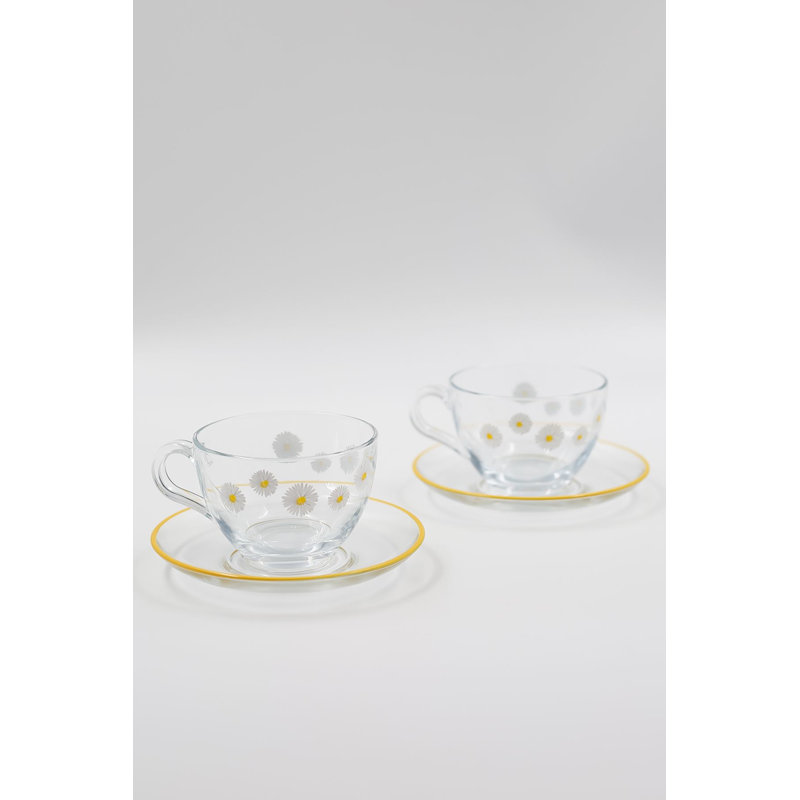 Ensemble de tasses à thé en verre 4 pièces Elegant, 4,6 x 4,6 x 2,5 pouces | Capacité de 8,1 oz liq. (2 tasses) et soucoupes 3,6 x 3,6 x 2,5 pouces (2 pièces) | 100% verre durable, parfait pour le thé de l'après-midi, lavage à la main recommandé