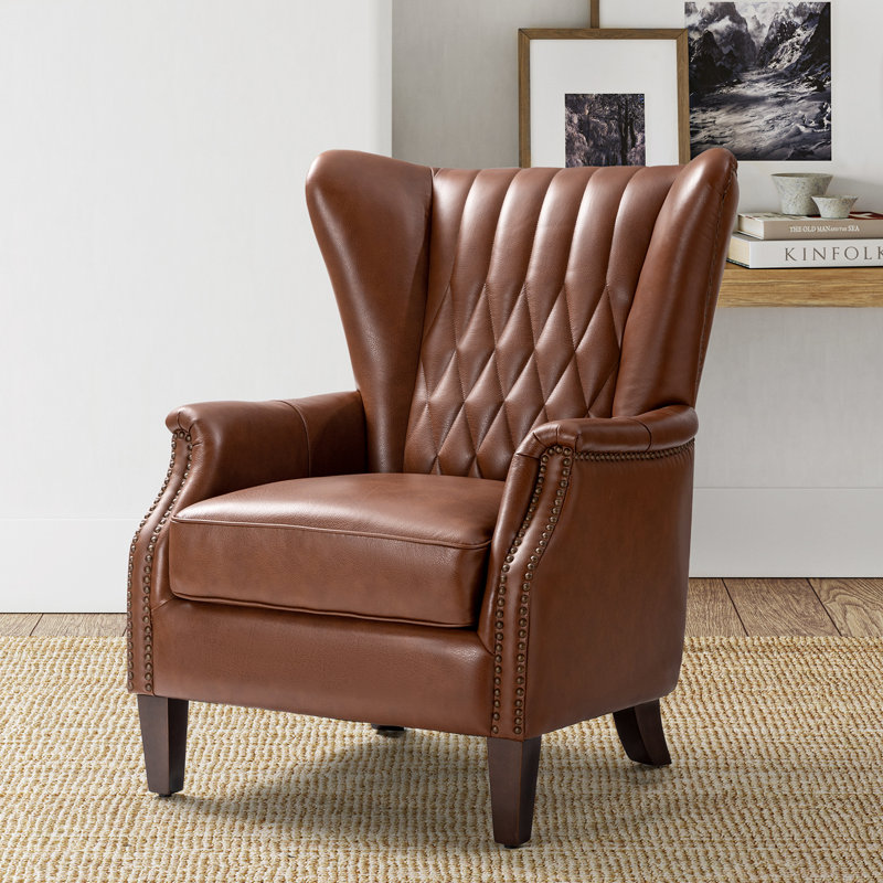 Ameliah Genuine Leather Wingback Club Chair for Office & Home, Brown Genuine Leather