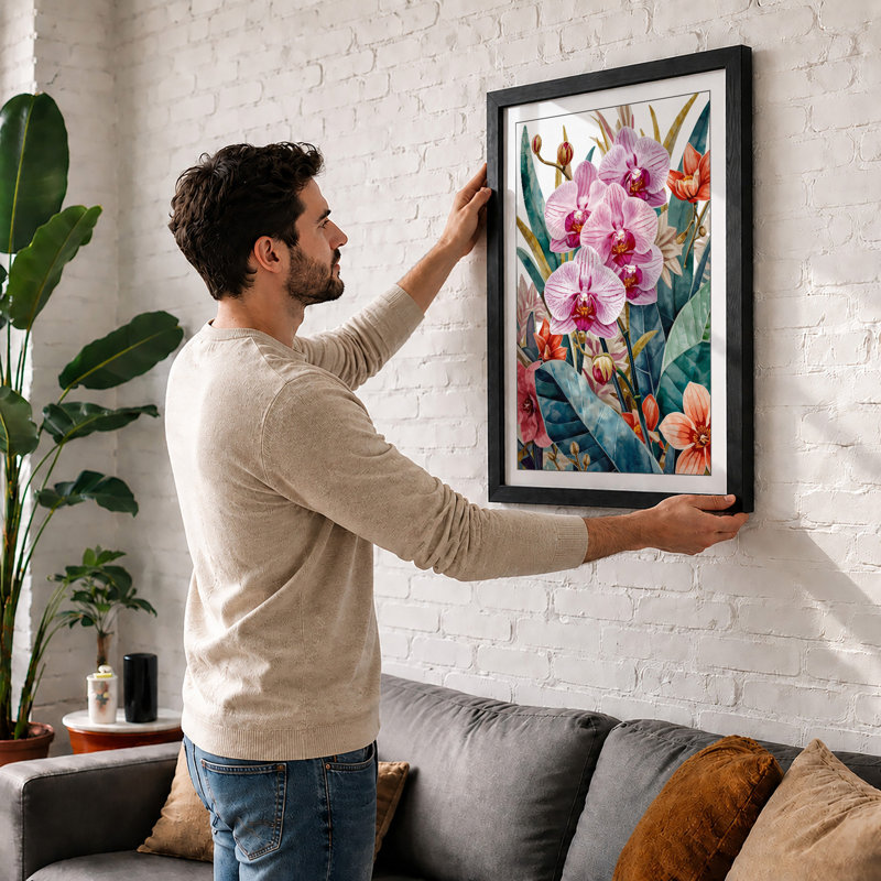 Orchid Study Botanical - Framed Print, A4 - 29.7 x 21.0 cm, Black